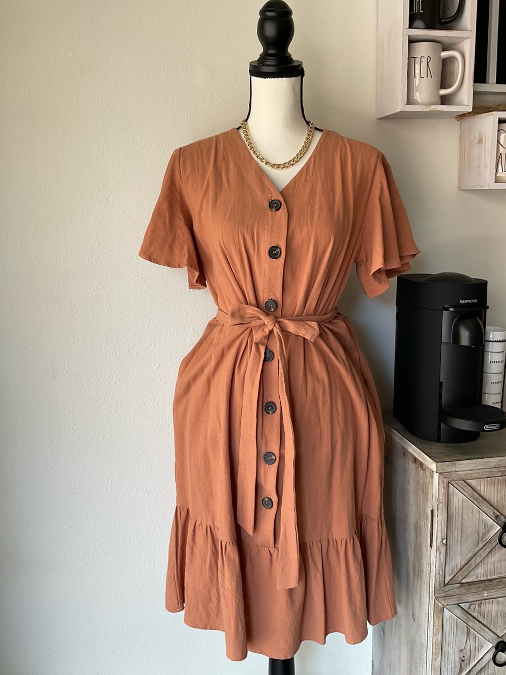 Ces Femme Rust Button-Front Tie-Waist Midi Dress